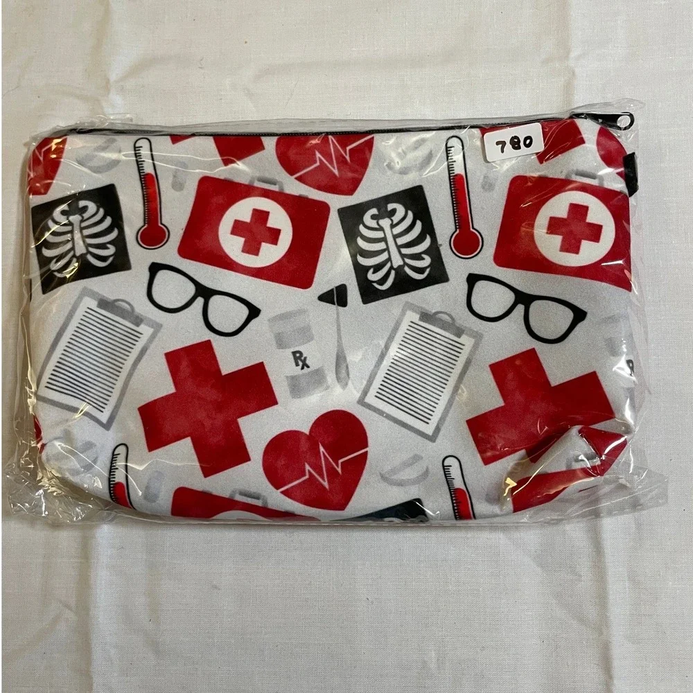 The Pouch Cosmetic Bag Red White NWT Medical Nursing Print Zipper Pouch